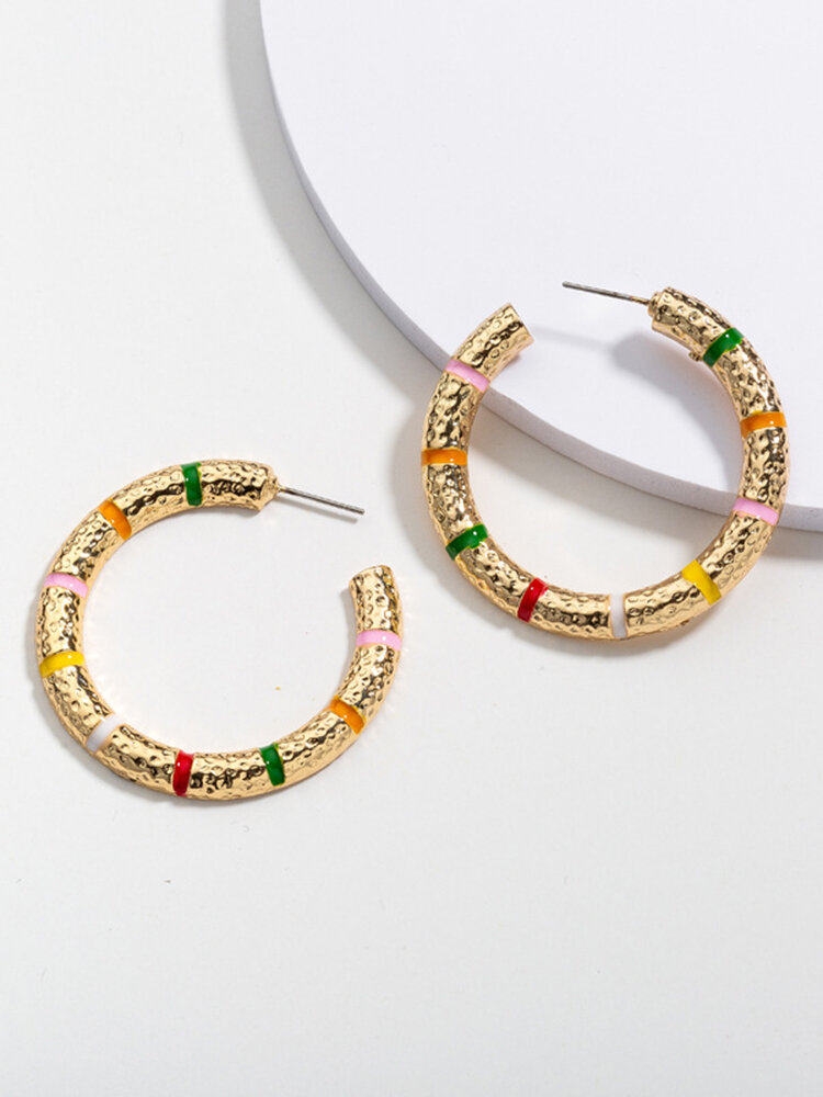 Retro Simple Circle Pendientes Aleación de oro Pendientes Para Mujer Colorful Rayas Pendientes 
