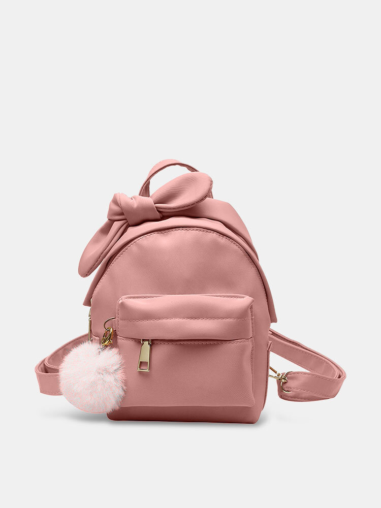Women Fashion Bow Solid Color Multi-Carry Mini Backpack Nylon Plush Ball Pendant Shoulder Bag