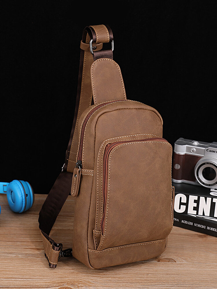 Menico Men PU Leather Vintage Waterproof Outdoor Chest Bag Large Capacity Casual Shoulder Bag Zipper Design Crossbody Bag
