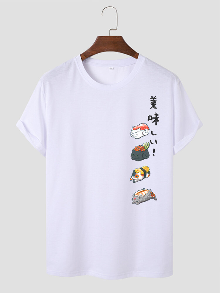 Mens Cartoon Animal Sushi Print Crew Neck Short Sleeve T-Shirts