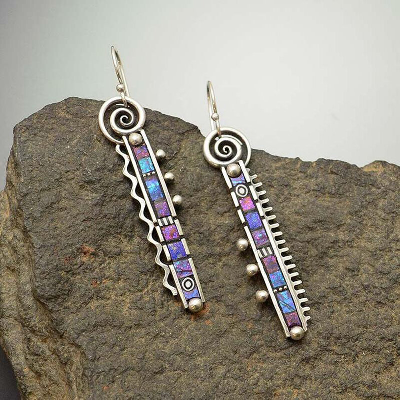 

Vintage 925 Silver Plated Long Comb Tooth Abstract Earrings Bent Rainbow Purple Blue Earrings
