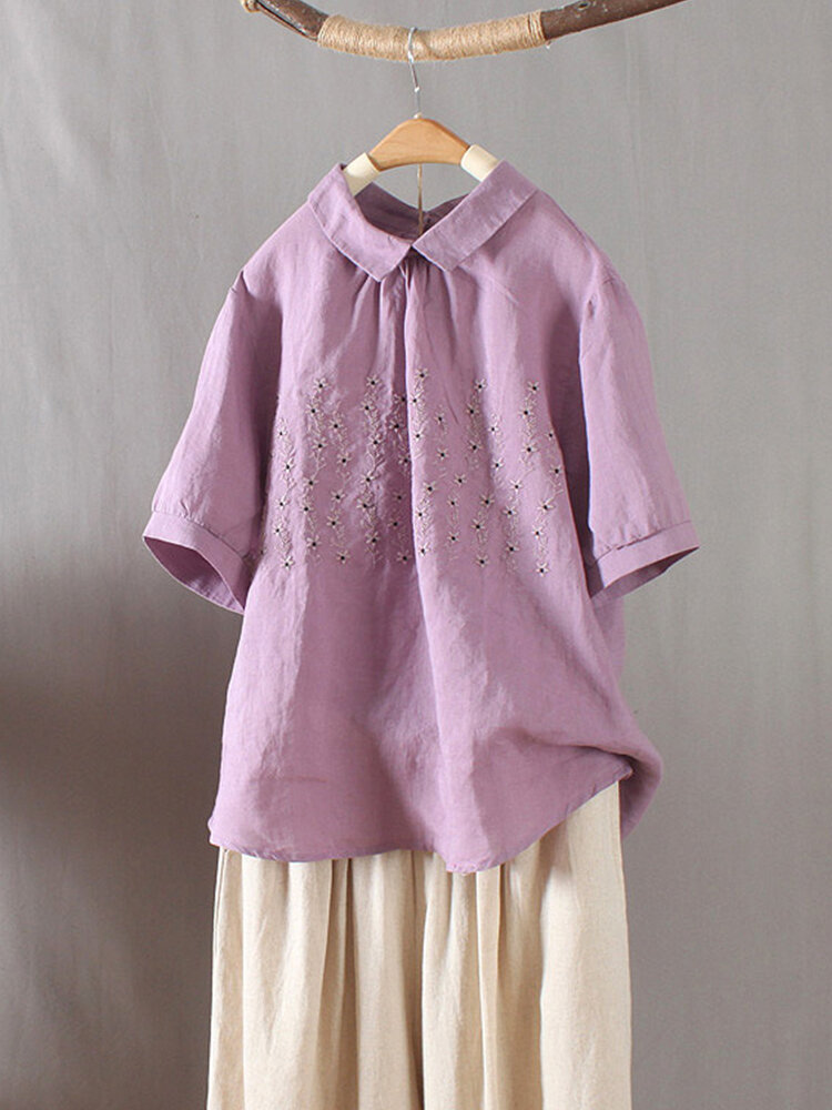 Vintage Embroidery Turn-down Collar Short Sleeve Blouse