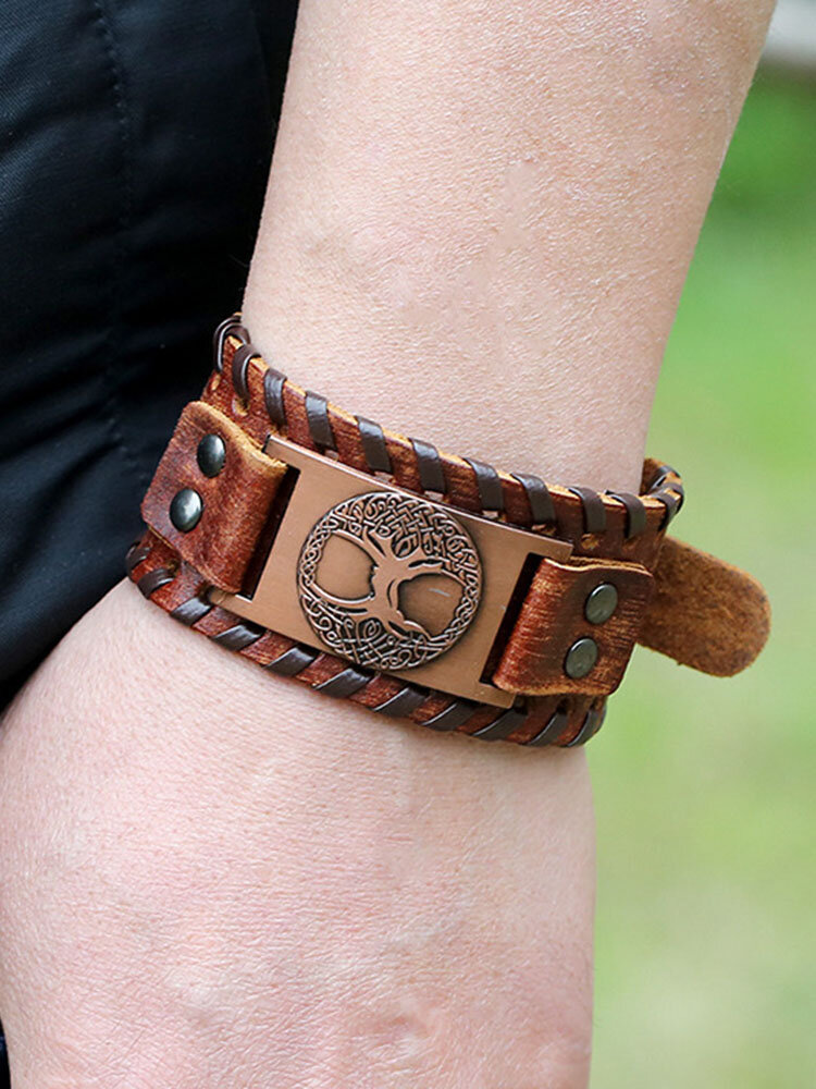 Vintage Totem Lucky Tree Cowhide Woven Punk Mens Wide Leather Multi-layer Bracelet