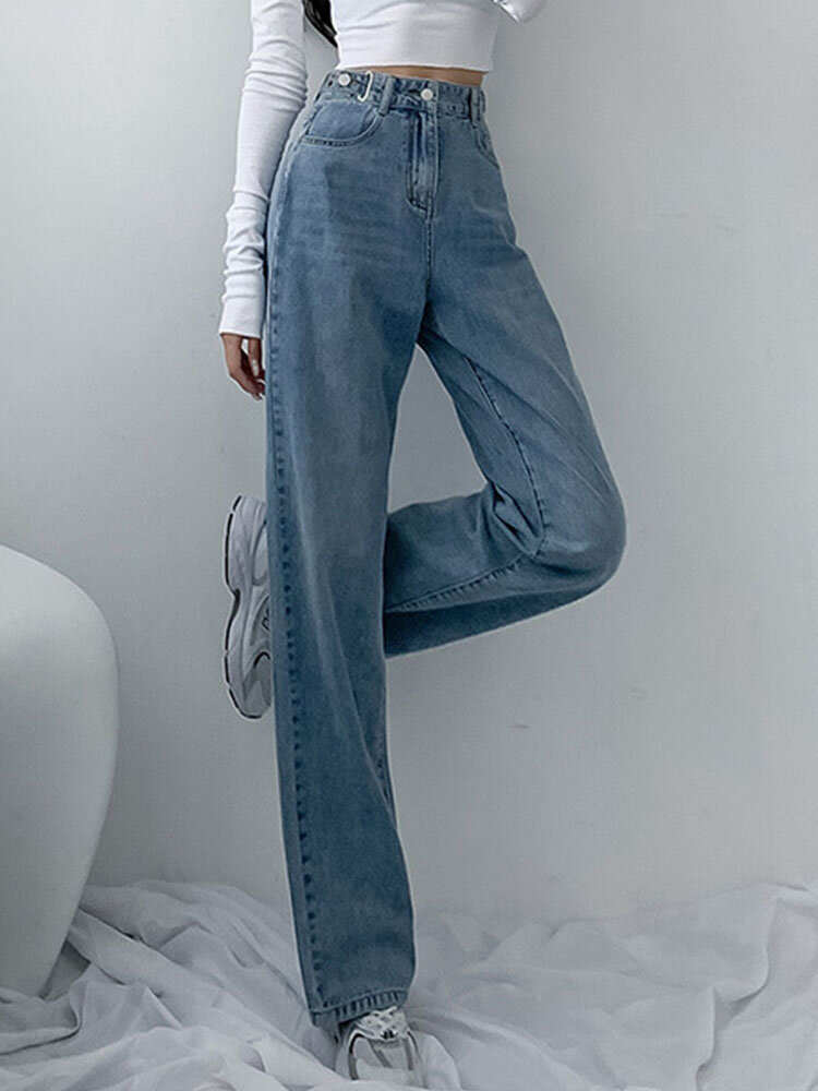 Cintura alta zíper frontal bolso bolso perna larga jeans Jeans