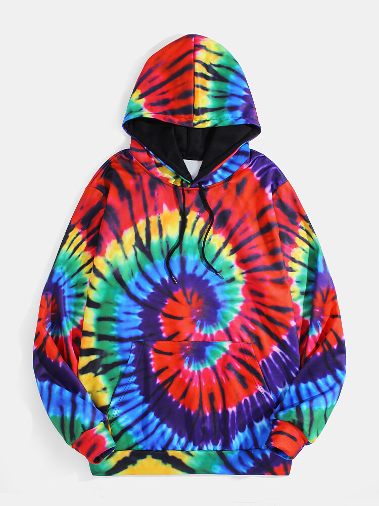 Mens Colorful Swirl Tie-Dye Print Stylish Casual Pullover Hoodie