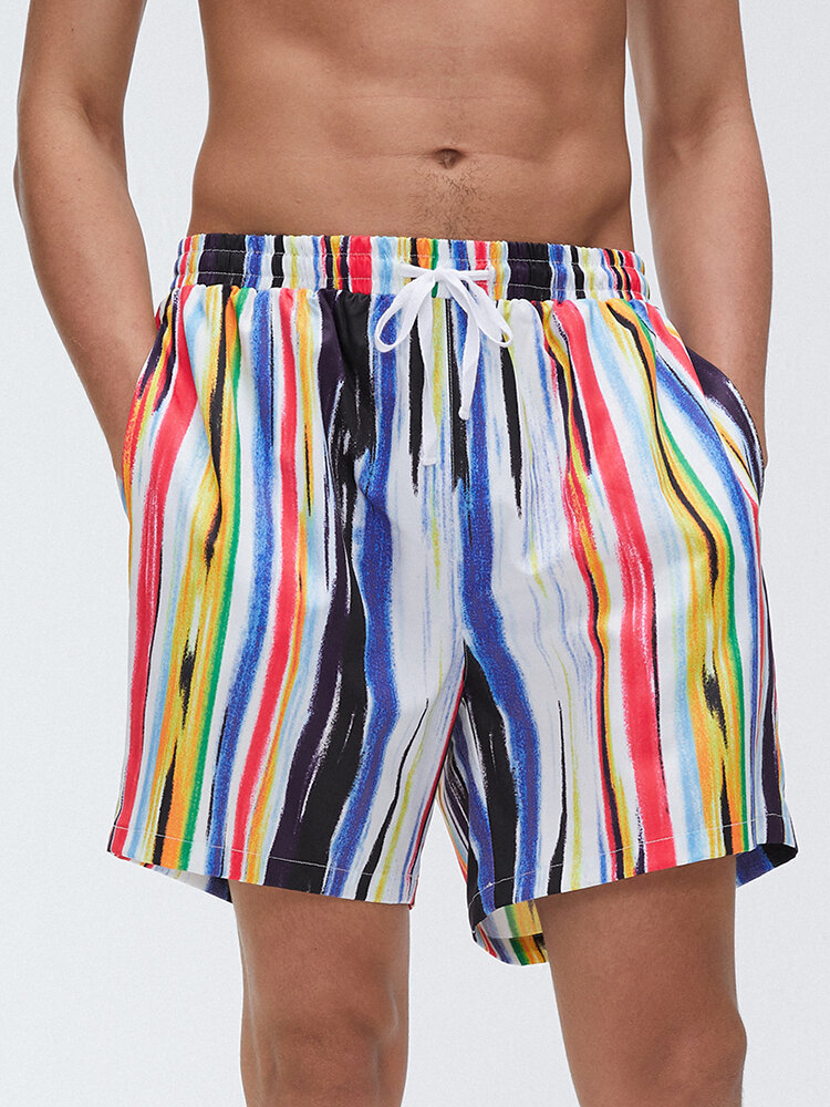 Men Multi Color Graffiti Stripe Shorts Quick Drying Holiday Beach Board Casual Shorts