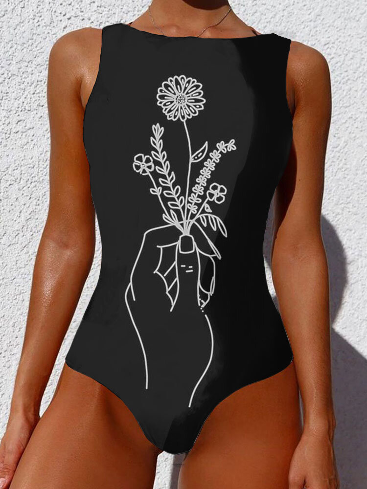 Women Line Drawing Abstract Print High Neck Sleeveless One Piece Slimming Swimsuit
