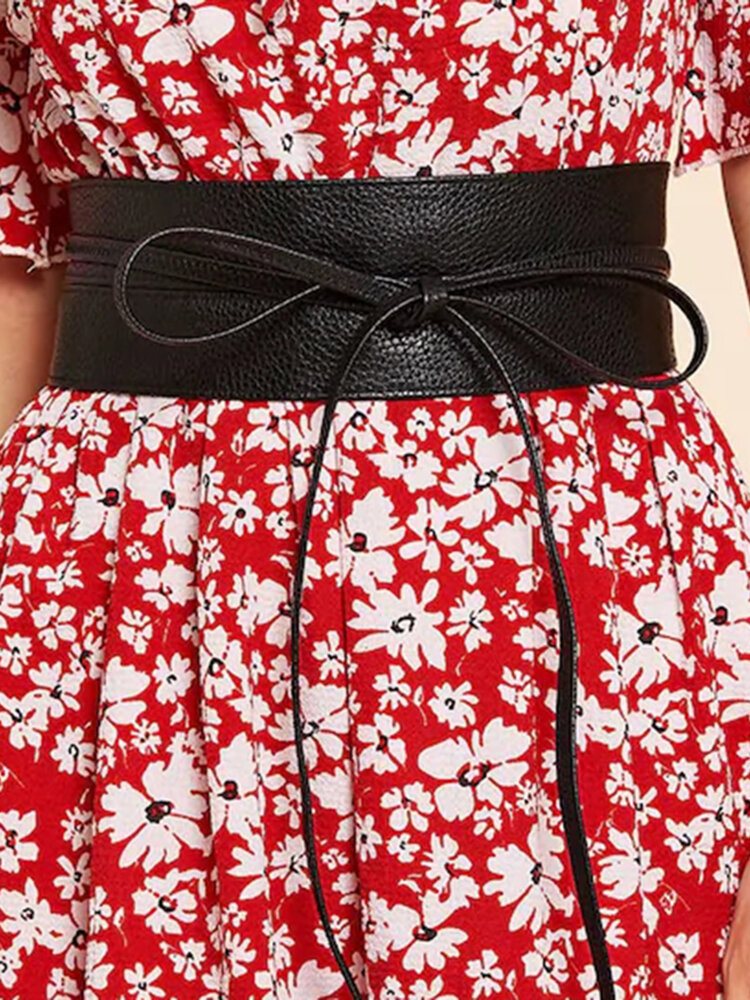 Women's Clothing Accessories Wide Ribbon Bow Two-ring Imitation Leather Belt Girdle