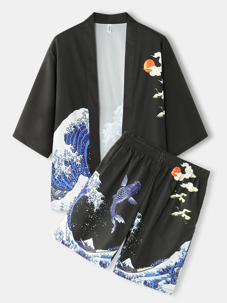 Mens Waves & Cap Pattern Black Elastic Waist Kimono Two Piece Outfits