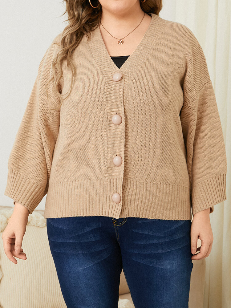 Plus Size Loose Solid Button Casual Cotton V-neck Cardigan