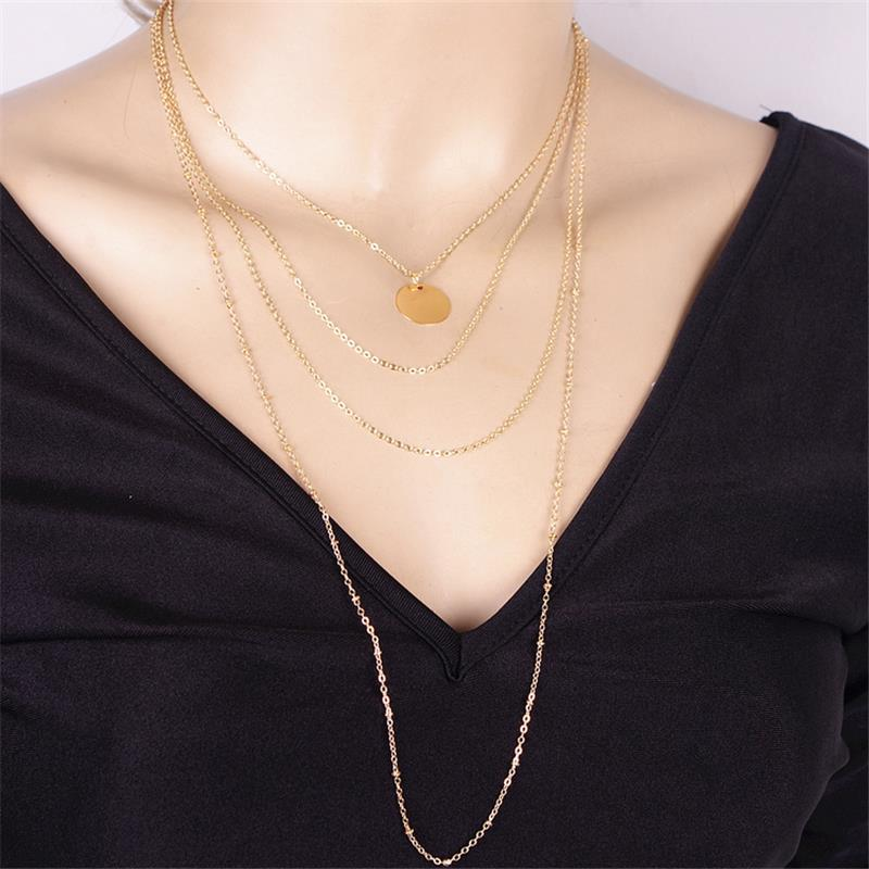 Bohemian Multilayer Gold Necklace Chain Long Tassels Sequin Pendant Clavicle Necklace for Women
