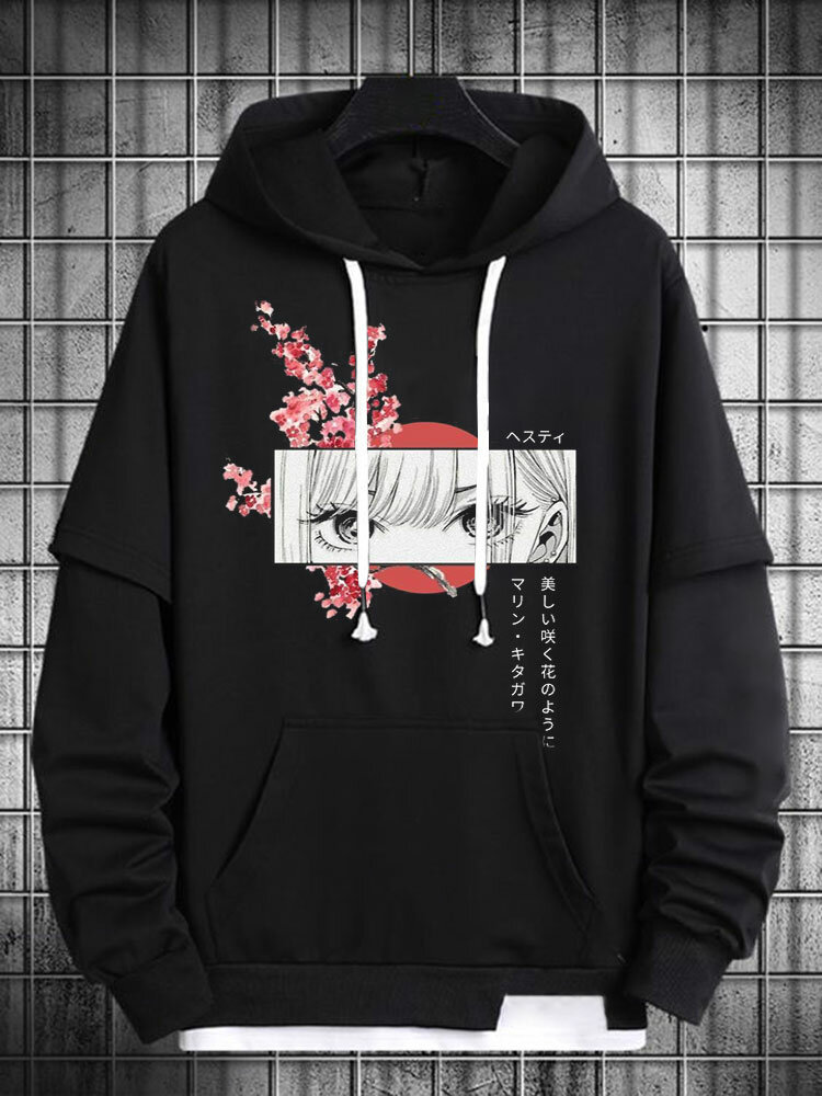 Mens Japanese Cherry Blossoms Anime Print Patchwork Drawstring Hoodies Winter
