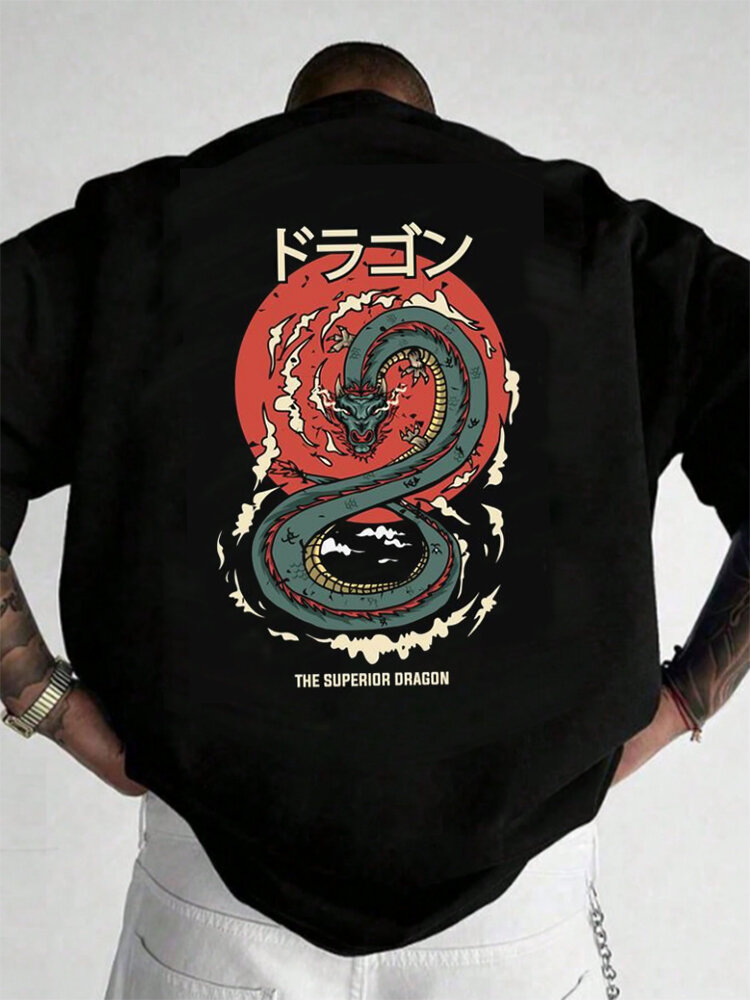 

Mens Japanese Dragon Back Print Crew Neck Short Sleeve T-Shirts, Black