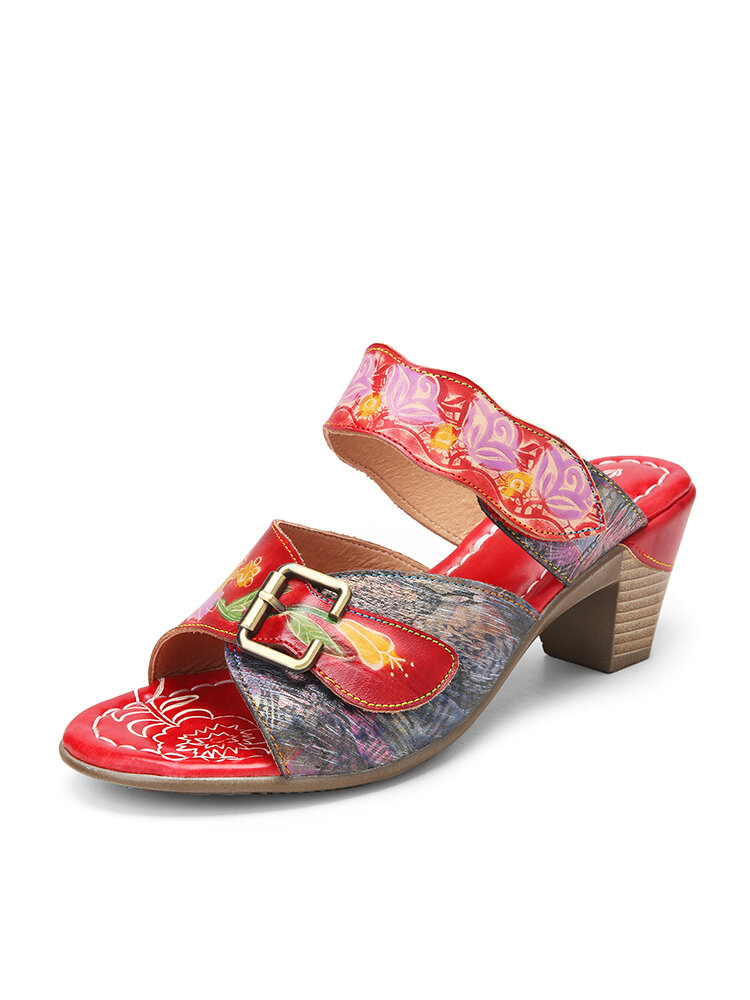 

SOCOFY Retro Calico Painted Leather Comfy Slip On Casual Mule Hook Loop Chunky Heel Sandals, Red;blue