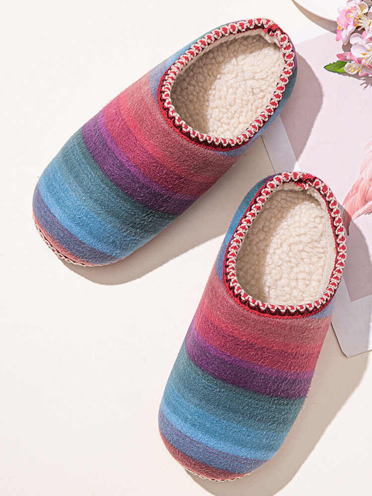 Women Colorful Stripes Stitching Closed Toe Soft Comfy Warm Home Slippers