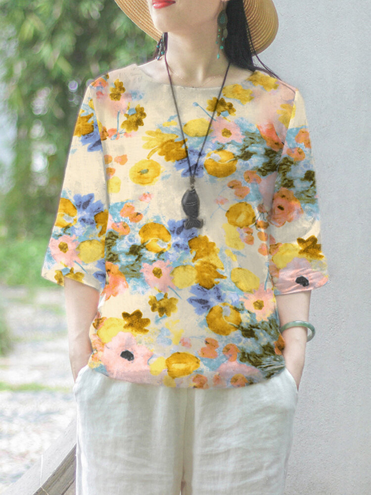 Watercolor Floral Print Crew Neck 3/4 Length Sleeve Blouse