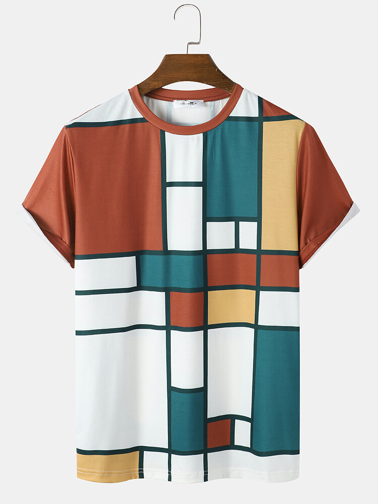 Mens Design Color Block Crew Neck Short Sleeve T-Shirt