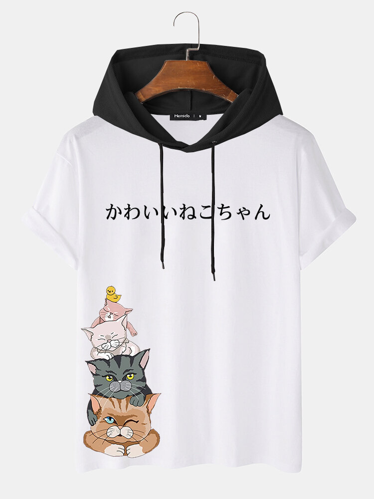 Mens Cartoon Cat Japanese Print Short Sleeve Hooded T-Shirts