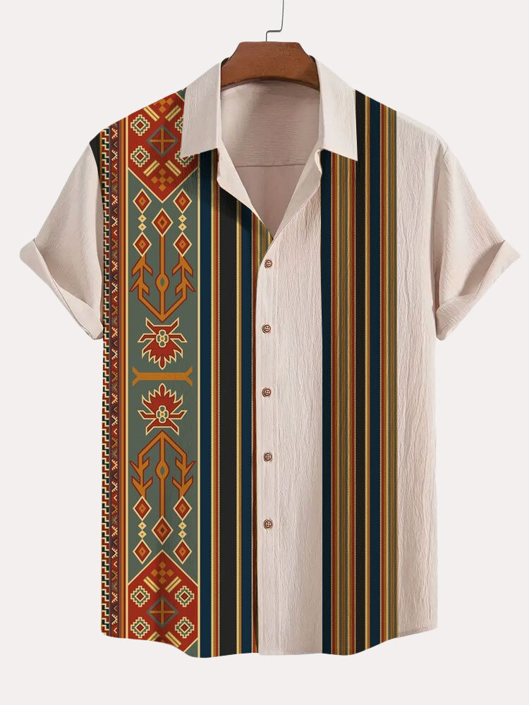 Camisas masculinas étnicas geométricas listradas com estampa patchwork de manga curta
