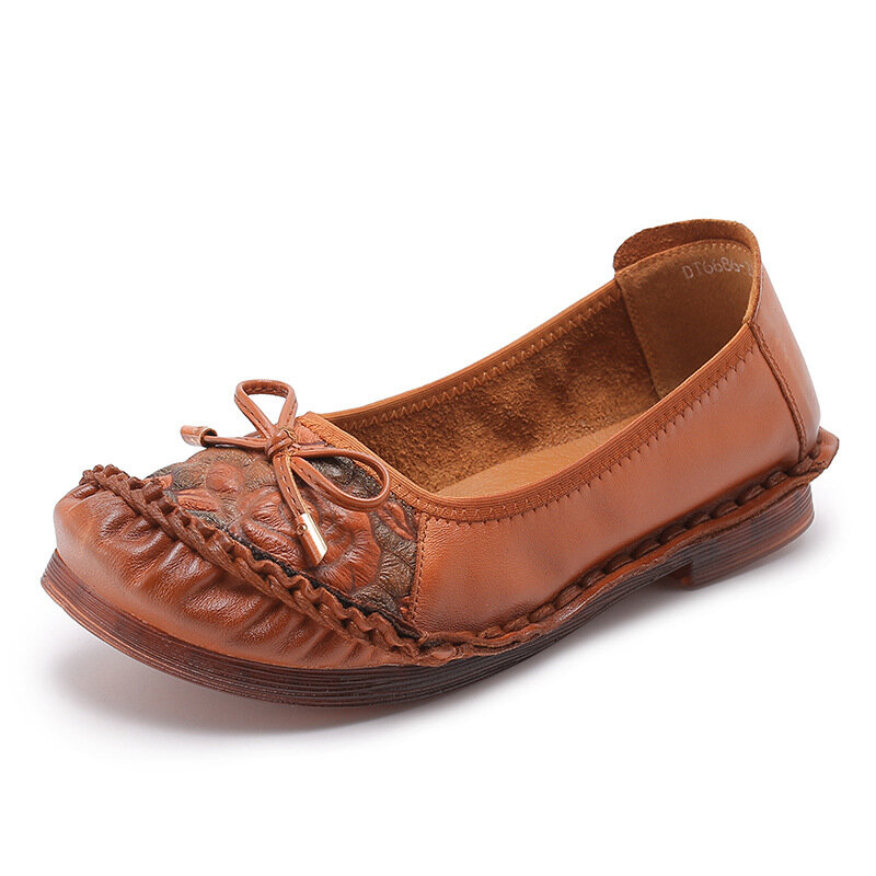 Bowknot Leather Stitching Soft Sole Vinage Casual Flat Loafers