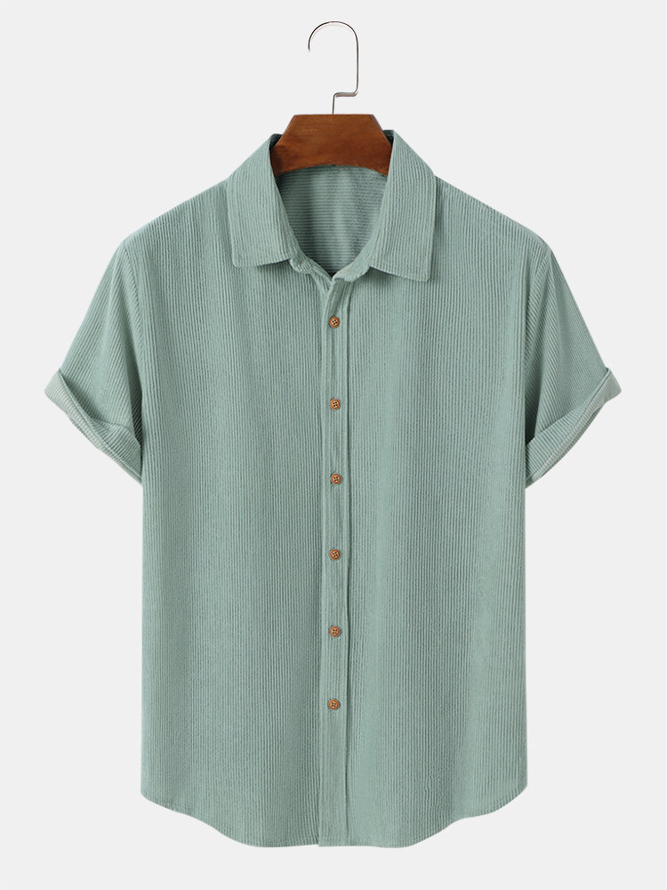 Mens Corduroy Solid Color Button Up Daily Short Sleeve Shirts
