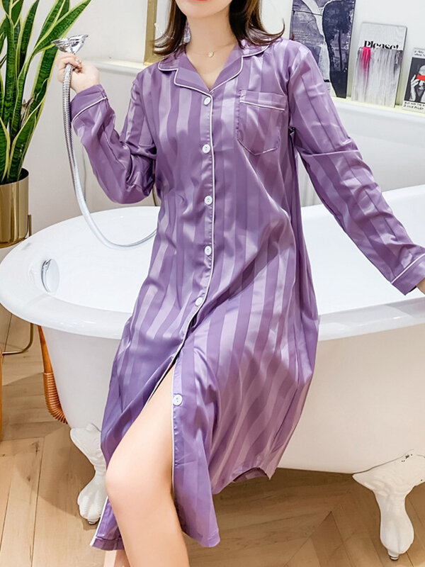 

Plus Size Women Silk Vertical Stripes Chest Pocket Long Sleeve Shirt Nightdress With Contrast Binding, Purple;red;green
