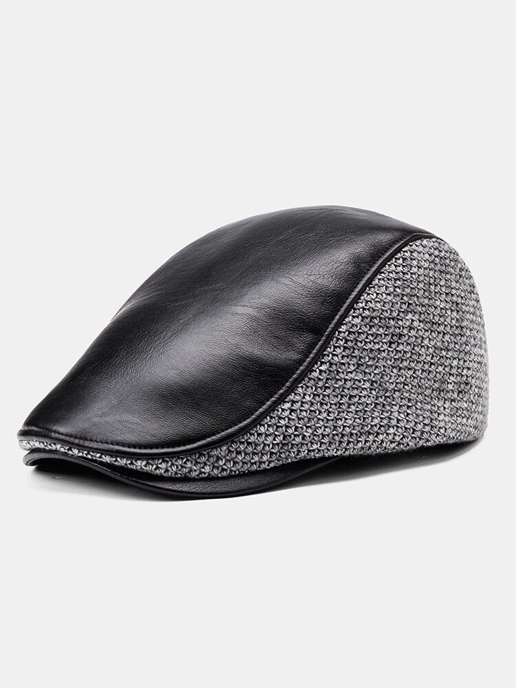 

Collrown Men Faux Leather Knit Contrast Color Beret Hat Retro Casual Outdoor Forward Hat Flat Cap, Black
