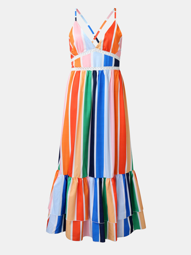 Multi-color Stripe Deep V-neck Strap Knotted Backless Sexy Maxi Dress