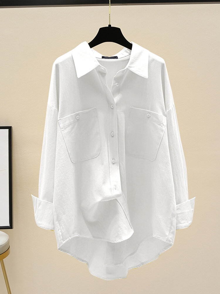 Однотонный пуговица Передний карман Лацкан с длинным рукавом Рубашка