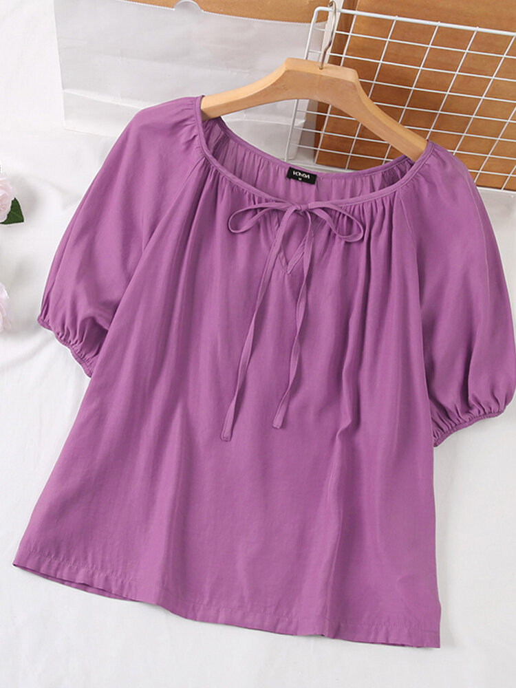 Women Solid Tie Neck Puff Sleeve Casual Blouse