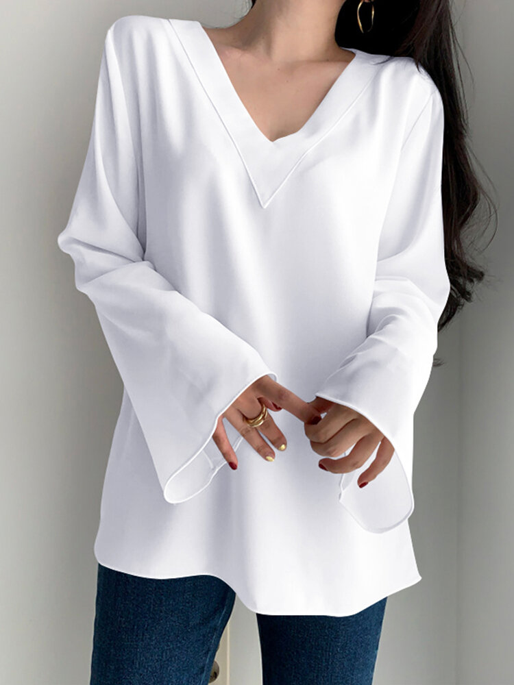 Solid Bell Long Sleeve V-neck T-shirt For Women