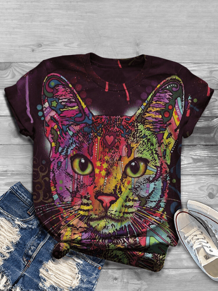 Cartoon Cat Print Short Sleeve T-Shirt For Women