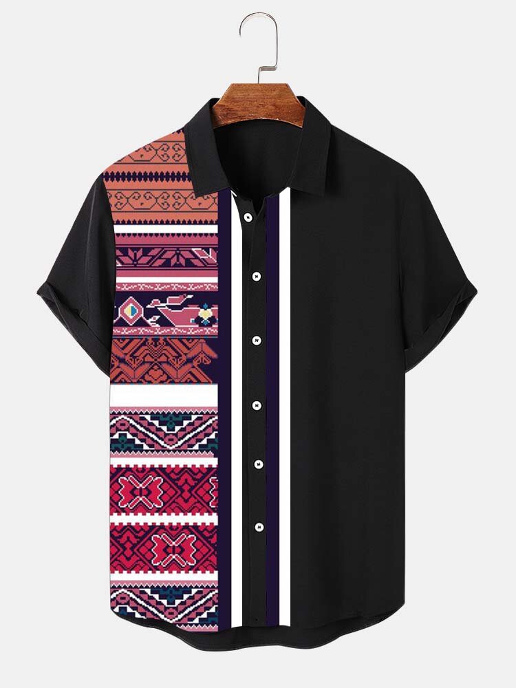 Camicie da uomo a maniche corte con risvolto patchwork con stampa geometrica etnica