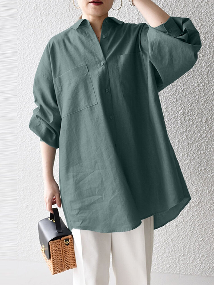 Women Solid Double Pocket Lapel Casual Long Sleeve Shirt