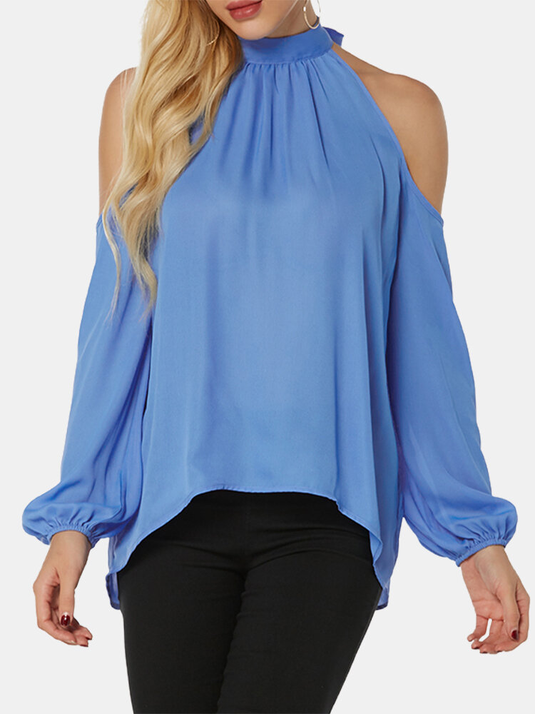 Women Solid Color Off Shoulder Long Lantern Sleeves Casual Blouse от Newchic WW