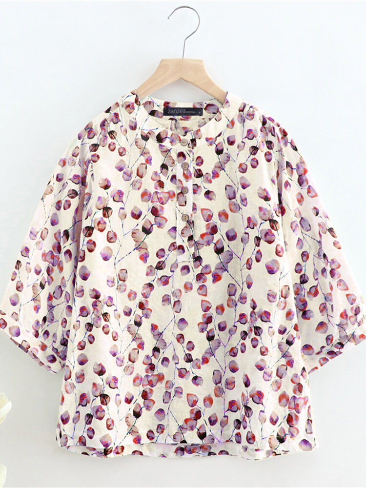 Floral Print Button Srand Collar 3/4 Sleeve Casual Blouse