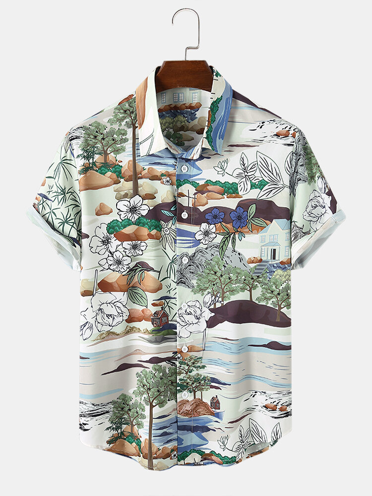 Mens All Over Plant Landscape Print Holiday Short Sleeve Shirts