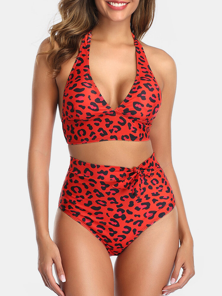 

Women High Waist Bikini Leopard Triangle Halter String Sexy Swimwear, Rose;red;blue;coffee;leopard