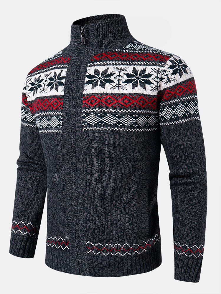 

Mens Geometric Snowflake Pattern Knitted Fleece Lined Vintage Cardigans, Gray;blue;white;red