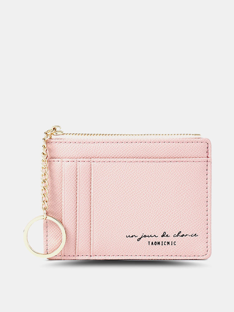 Women Faux Leather 8 Card Slot Zipper Card Holder Mini Keychain Short Wallet