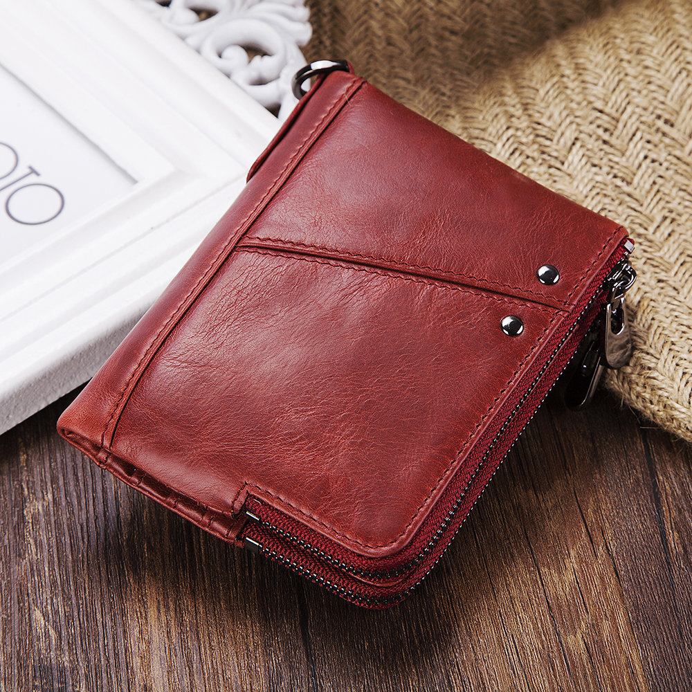 

RFID Women Genuine Leather 12 Card Slot Bifold Short Wallet, Red