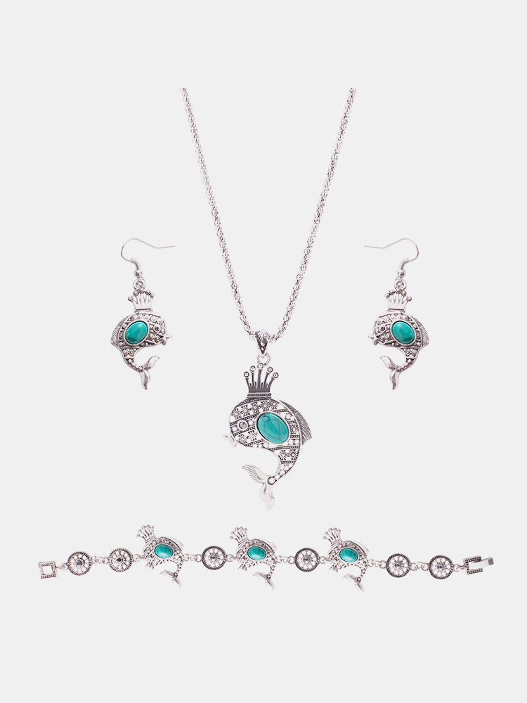 Cute Jewelry Set Dolphin Crown Turquoise Necklace Earrings Bracelet Kit