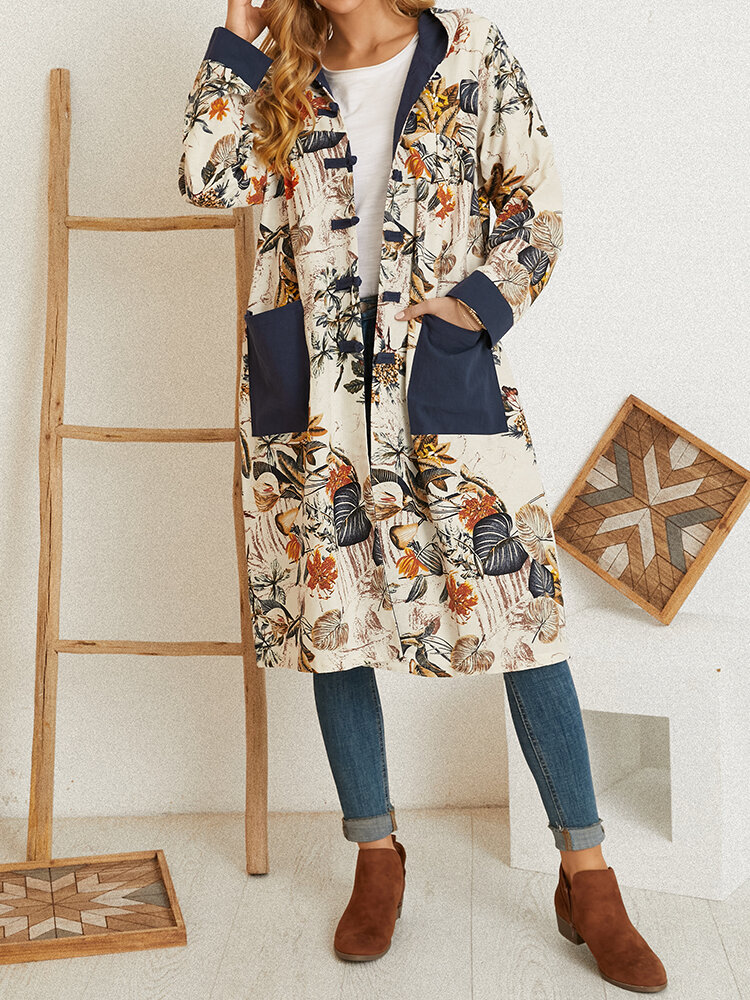 Vintage Floral Patchwork Hooded Cotton Plus Size Trench Coats