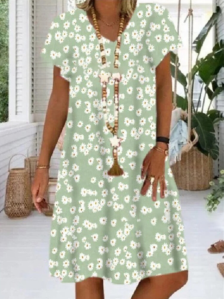 Daisy Floral Print Short Sleeve Loose V-neck Dress For Women