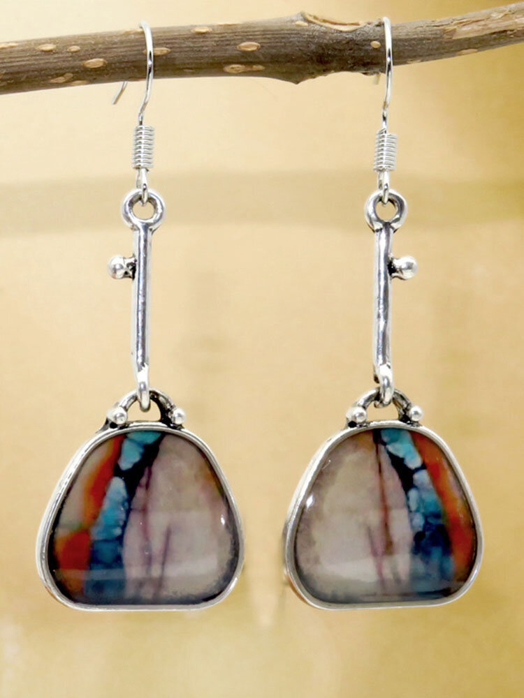 Retro Geometric Bag Earrings Metal Irregular Natural Stone Lock Pendant Earrings