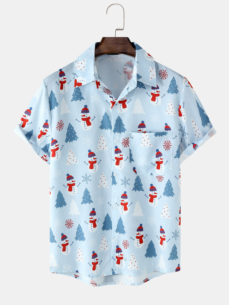Mens Christmas Tree Snowman Print Casual Short Sleeve Shirts With Pocket