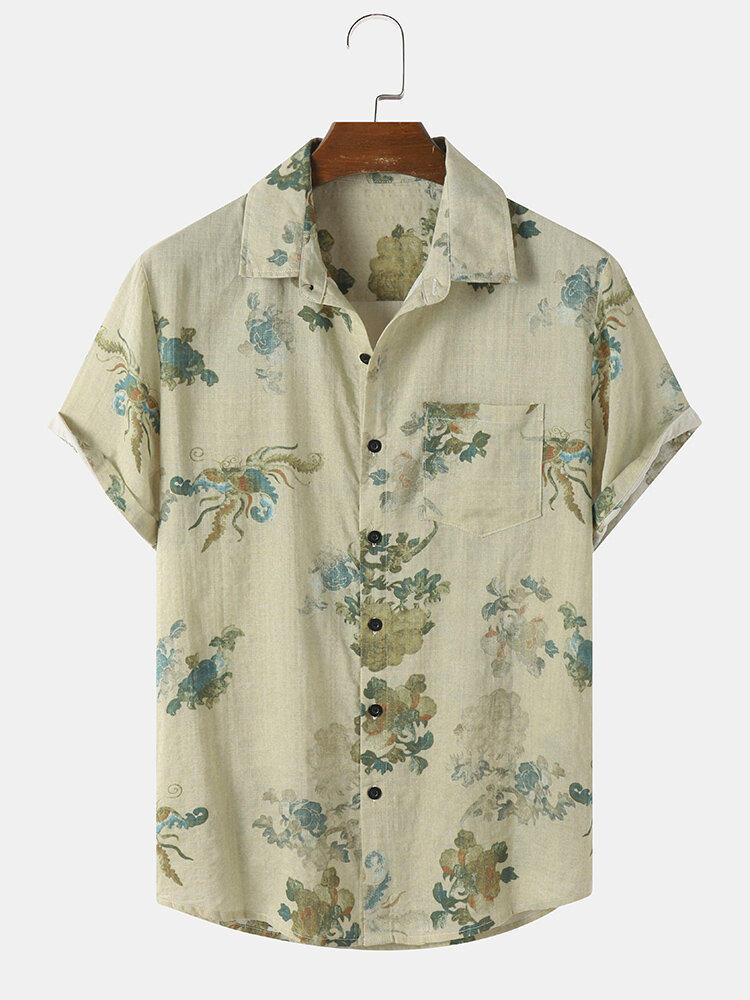Mens Cotton Plants Print Lapel Vacation Short Sleeve Shirts