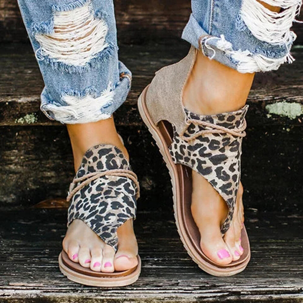 Plus Size Women Casual Leopard Pattern Clip Toe Zipper Gladiator Sandals