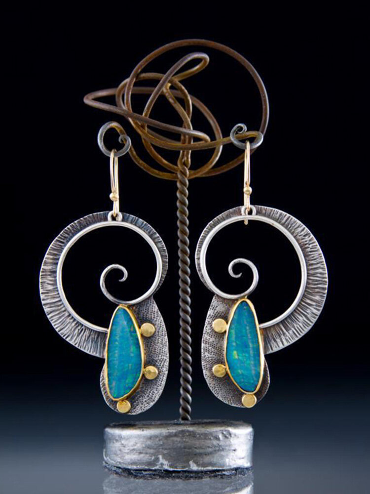 Vintage 925 Silver Plated Women Earrings Spiral Color Separation Opal Pendant Earrings