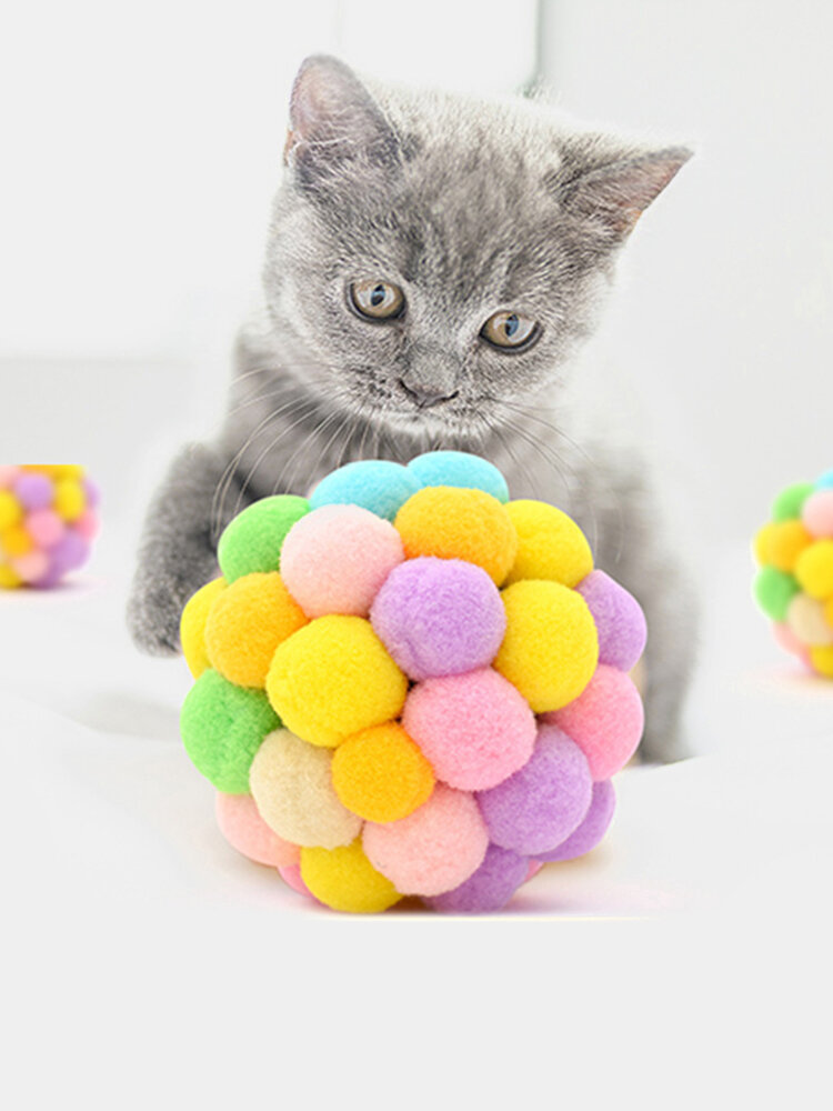 1Pc Funny Cat Interactive Ball Toy Pet Interesting Colorful Handmade Bell Bouncy Ball Plush Rainbow Ball Pet Supplies